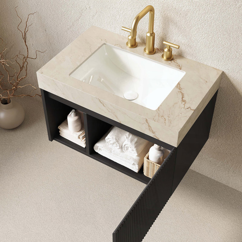 Meuble-lavabo suspendu avec comptoir en pierre frittée couleur crème veinée or et lavabo en céramique, 3 trous pré-percés pour robinetterie