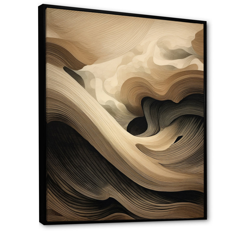 Abstract Waves in Retro Beige and Black - Print, 20" H x 12" W x 1" D, Black Floater Frame