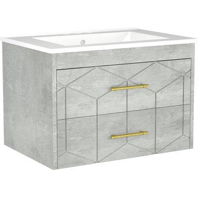 Modern Floating Bathroom Vanity – 24 Inch Wall Mounted Cabinet with 2 Large Soft-Close Drawers, Gold Handles, Ceramic Basin, Easy Assembly – Grey, 24 inches