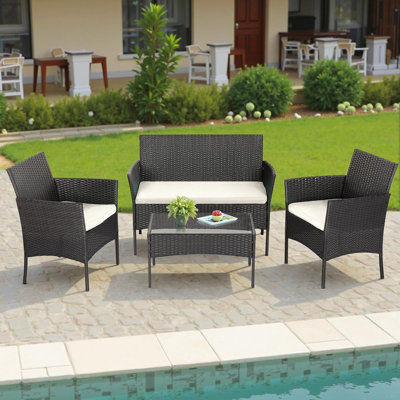 Ensemble de meubles de patio 4 pièces | Mobilier d'extérieur en osier avec table basse | Ensemble de conversation moderne avec chaises en rotin | Sièges d'extérieur | Résistant aux intempéries | Noir | Pour porche, jardin, pelouse