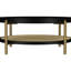 Table basse ronde avec bois d'hévéa, placage de frêne blanc, finition noire et tablette de rangement pour l'organisation dans les salons