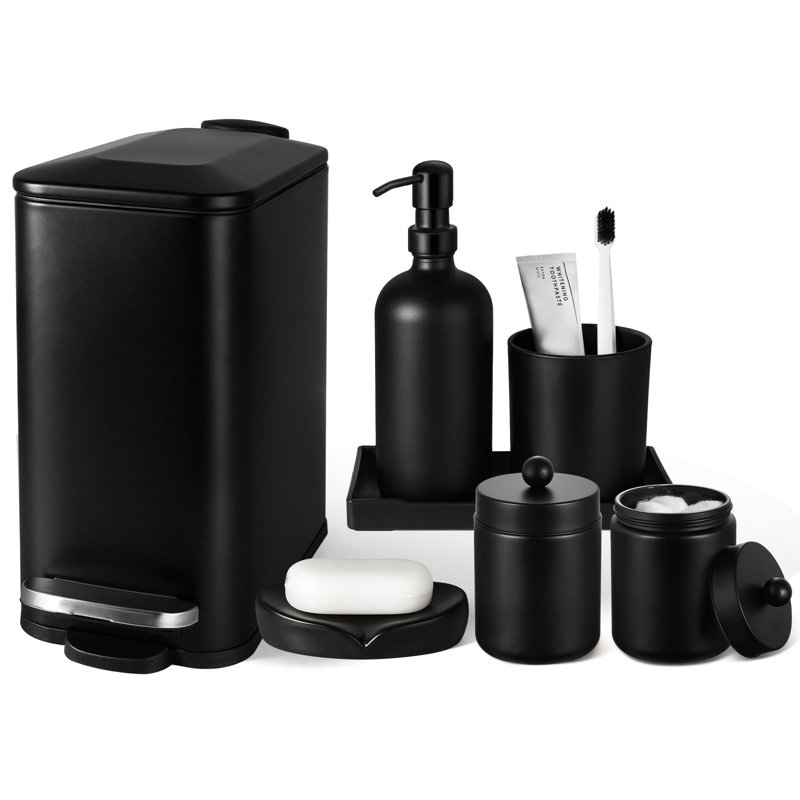 Ensemble d'accessoires de salle de bain noir, ensemble d'accessoires de salle de bain noir mat 7 pièces avec poubelle, distributeur de savon, porte-brosse à dents, porte-savon, plateau de coiffeuse, support de coton-tige, ensemble complet de salle de bain moderne