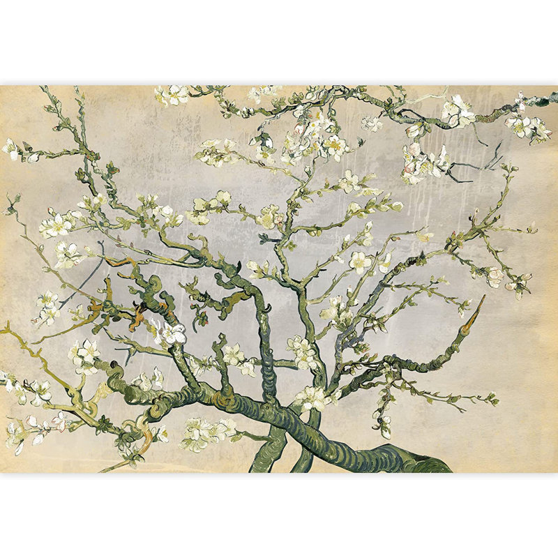Almond Blossom Vincent Van Gogh, Floral Mural, Vintage Boho Removable Contact Paper, 144" W x 100" L, Crème/gris