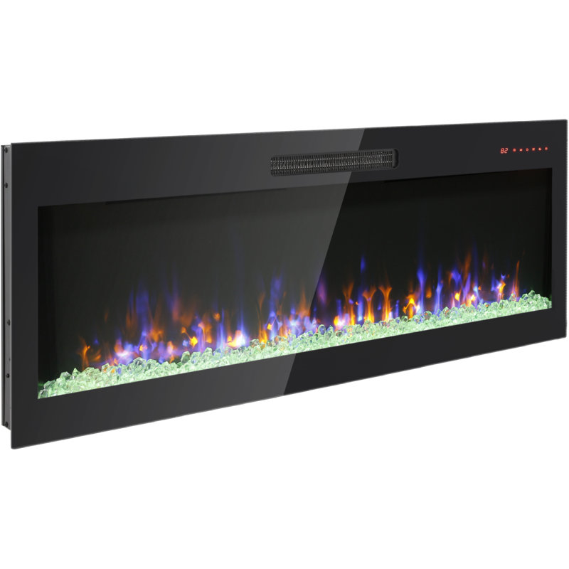 50 Inch Recessed Ultra Thin Tempered Glass Front Wall Mounted Electric Fireplace With Remote And Multi Color Flame & Emberbed, LED Light Heater