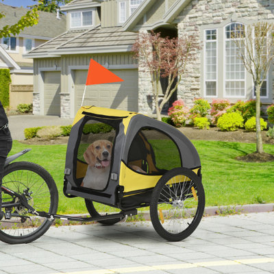 Pet Bike Carrier Trailer - For Medium Dogs. Steel Frame, Easy Entry, Comfortable. Flag And Reflectors For . Yellow Travel Wagon Dogs With Stable Frame