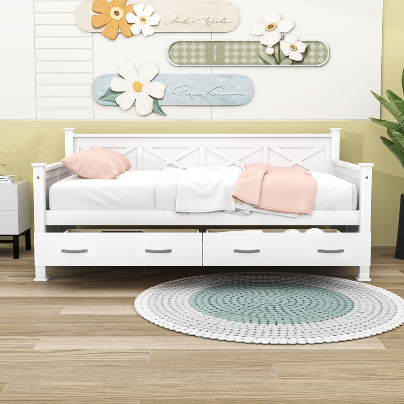 Twin Size 2 Drawers Wooden Daybed, Cream White