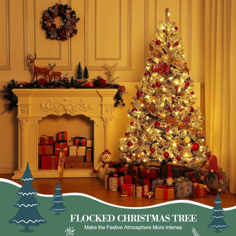 6FT White Snow Flocked Pre-Lit Christmas Tree with Metal Stand