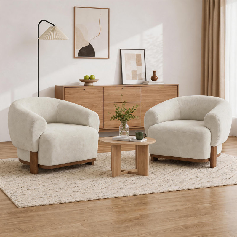 Ensemble de 2 chaises d'appoint modernes rembourrées avec pieds en bois massif et fauteuil tonneau en tissu, Blanc