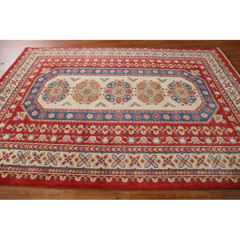Tapis unique en laine noué à la main 6 pi 11 po x 9 pi 8 po nouvel âge en rouge / beige / bleu