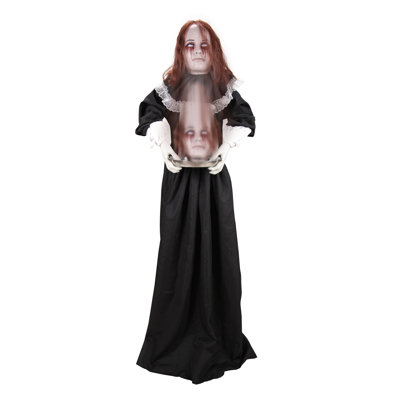 Haunted Hill Farm 5.3 ft Standing Animated Creepy Lady Holding Plate Halloween Animatronic with Head Dropping