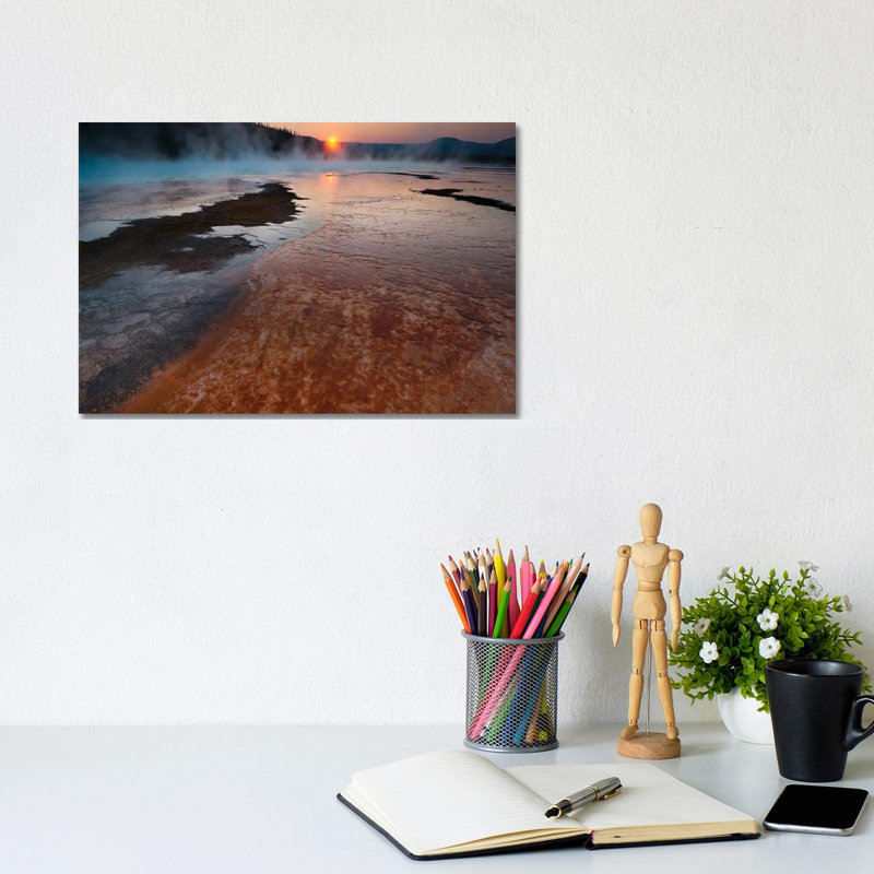 Landscape With View Of Grand Prismatic Spring At Sunrise, Yellowstone National Park, Wyoming, USA by Panoramic Images - Wrapped Canvas Print