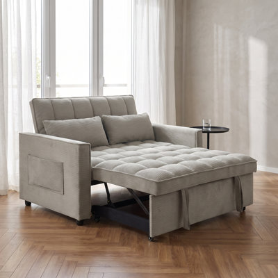 Canapé-lit convertible 52 po en velours côtelé gris clair, causeuse coulissante avec poche latérale, mousse à mémoire de forme haute densité à structure en bois massif