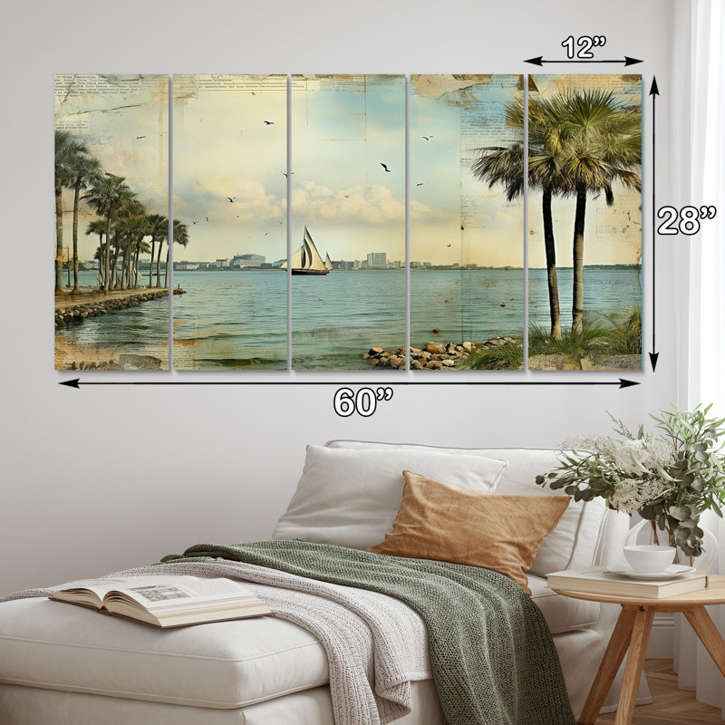 «Vintage 1920 Miami Palm Trees Beachside - Florida», reproduction sur toile - 5 panneaux égaux