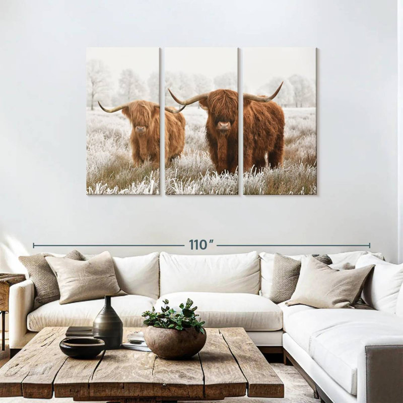 Poilu Highland Cows 3 pièces, H 48 po x l 74 po x P 1,25 po