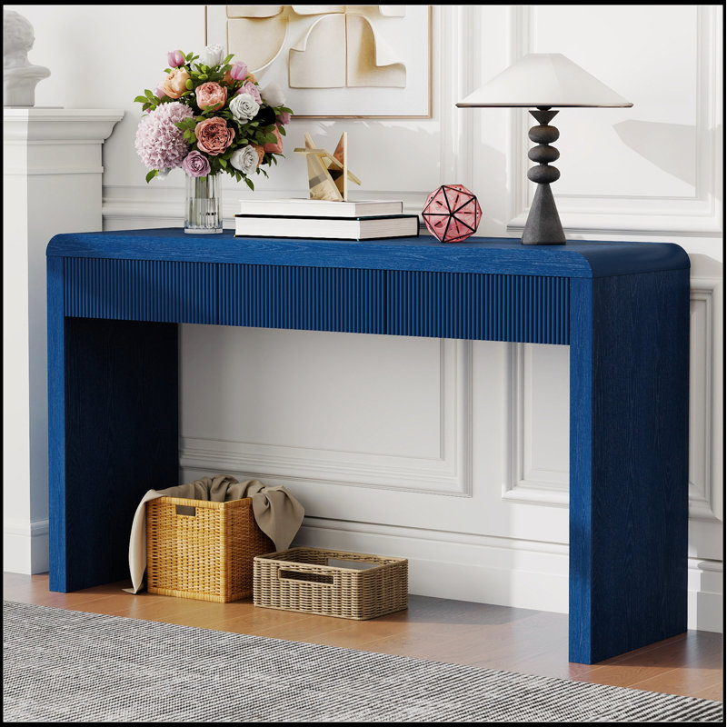 Console rustique avec 3 tiroirs cannelés - Table d'entrée en placage de bois massif avec grain de bois naturel pour le salon, le couloir
