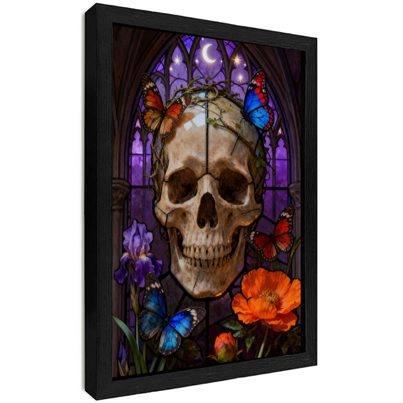 Reproduction d'art encadrée noire rétro avec fleurs de mort de style gothique rétro, H 25 po x l 17 po