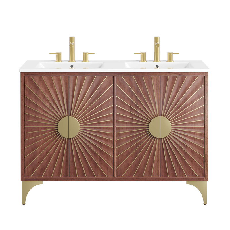 Daylight 48" Double Sink White Walnut Bathroom Vanity with Brass Base