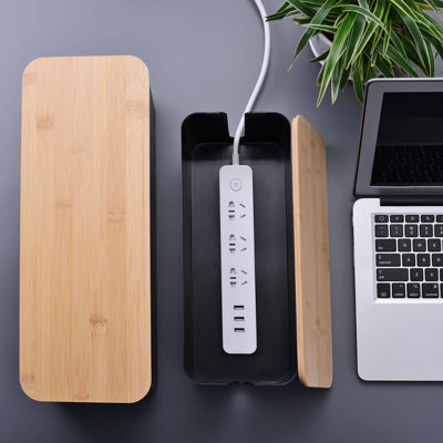 2 Pack Large Cable Management Box – Wooden Style Cord Organizer Box And Cover For TV Wires, Computer, Router, USB Hub And Under Desk Power Strip, Black