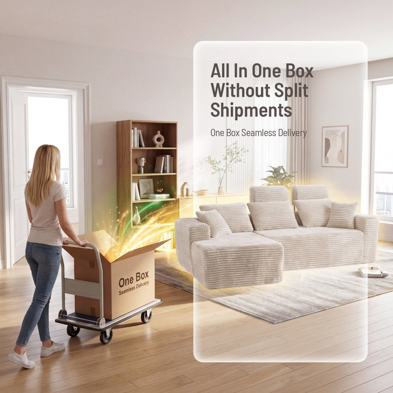 Canapé d'angle surdimensionné en forme de L, 244 cm (96 po), sans dossier haut, livré en un seul colis, avec 2 rallonges d'appuie-tête amovibles et assise profonde. Méridienne gauche en velours côtelé, beige.