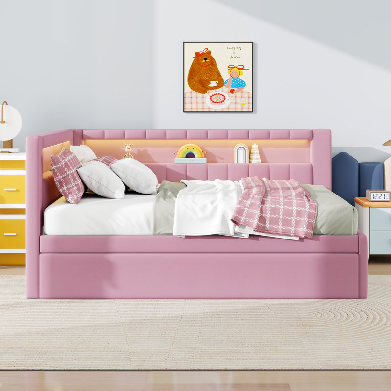 Lit de jour rembourré avec lit gigogne et base de lit tapissier avec port USB, Rose