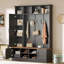 55"Wide Hall Tree with 6 Hooks, Farmhouse Walnut Storage Bench with Adjustable Shelves