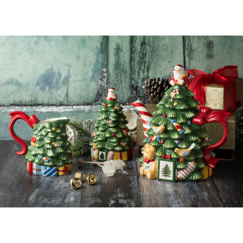 Festive Green and Red Ceramic Christmas Tree Teapot, 27 oz