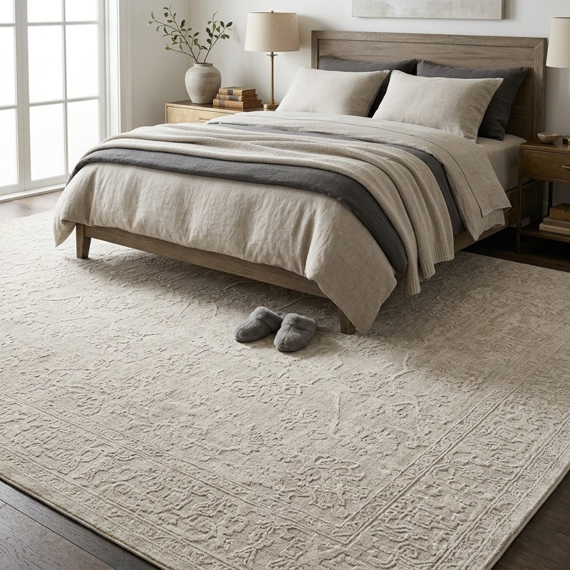 Mulay Floral Farmhouse High-Low/Carved Polyester Area Rug, Rectangle 9' x 12', Cream