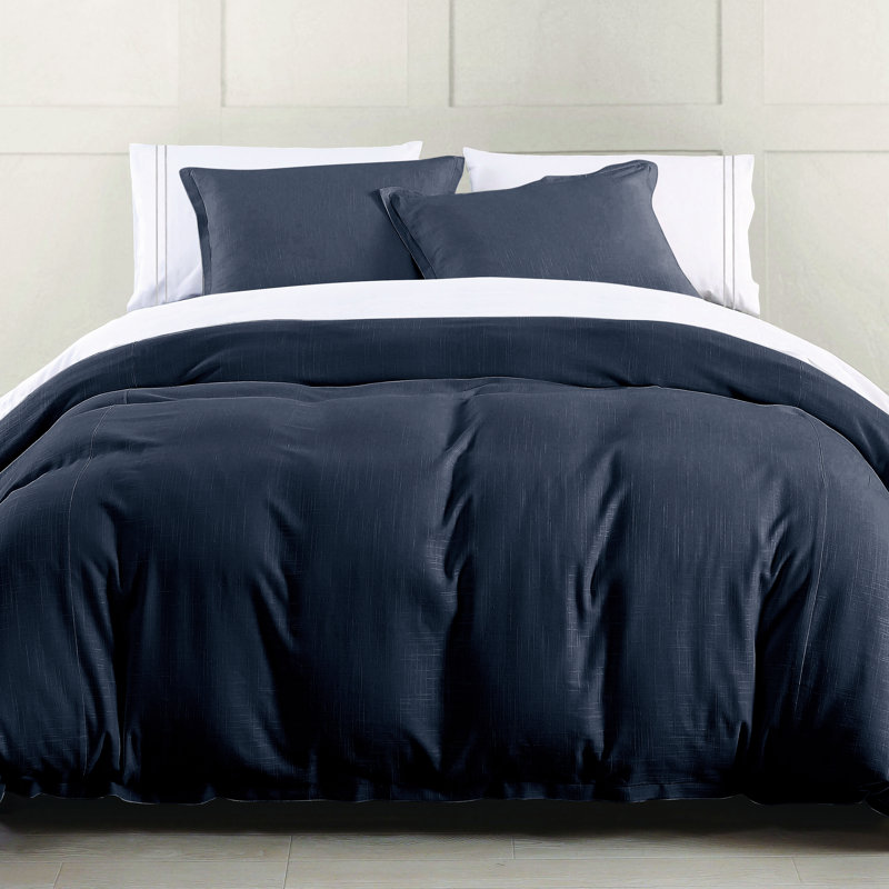 Hera Washed Linen Flange Modern Rustic Chic 3 Piece Comforter Set, Navy, Super Queen Comforter + 2 Shams