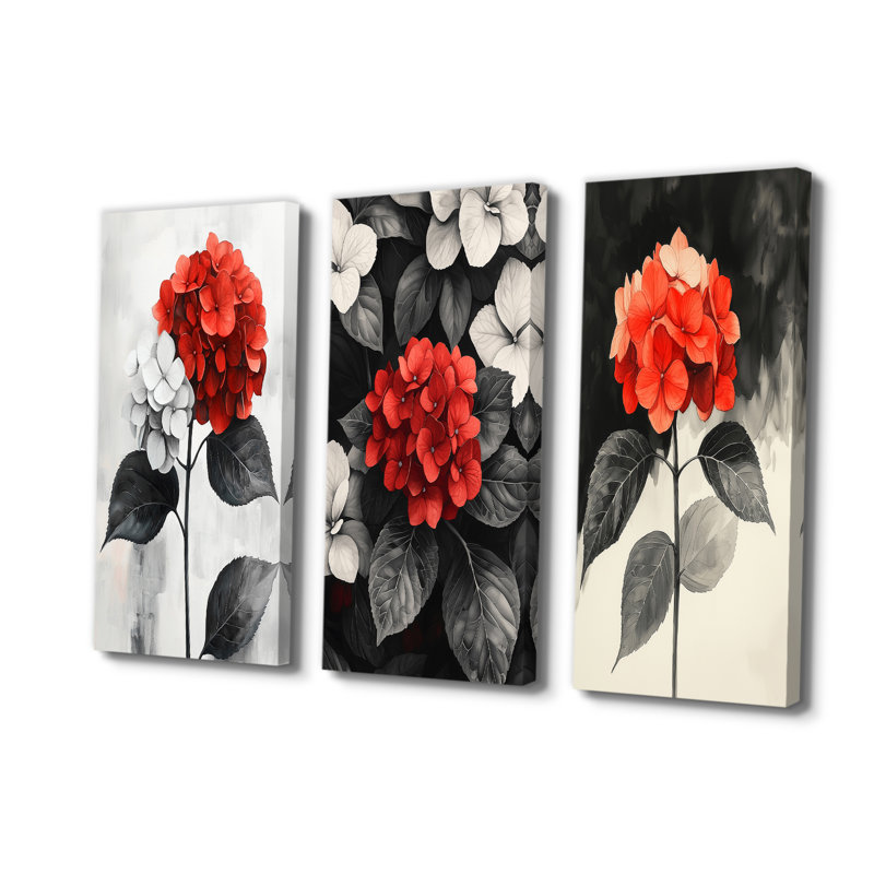 Hortensias monochromes avec décorations de pétales rouges I - Collection d'art mural hydrangées dorées 3 pièces, Toile tendue