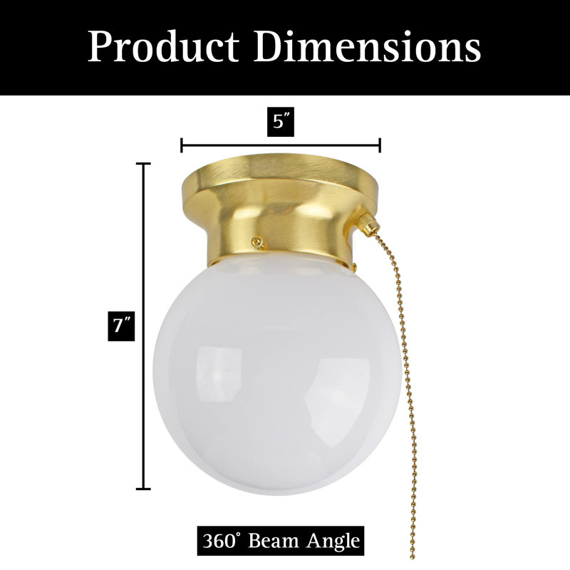 6" Utility LED Glass Flush Mount With Pull Chain - Globe Light Fixture - 500 Lumens 3000K Light Fixture, Brushed Gold