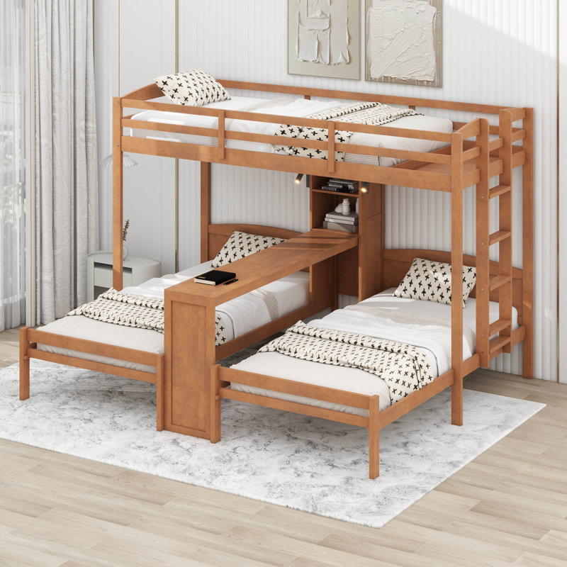 Lit superposé simple au-dessus de simple et simple avec bureau et tablettes de rangement, cadre de lit superposé triple en bois peu encombrant avec éclairage DEL
