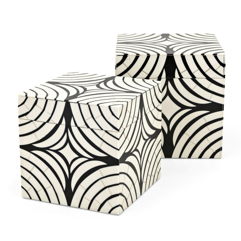 Black and White Geometric Pattern Stackable Lidded Storage Boxes, Set of 2