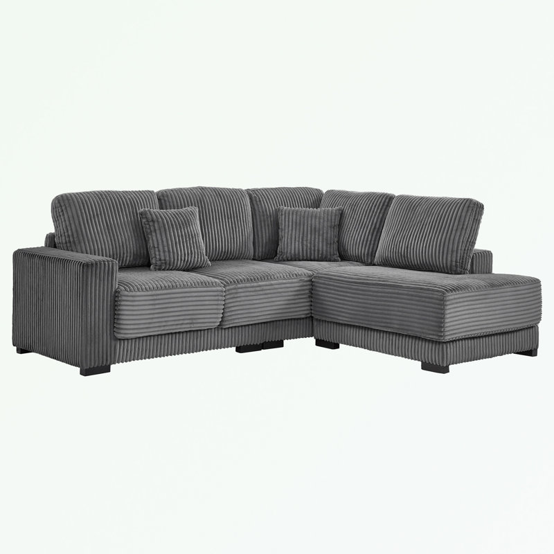 L Shaped Corduroy Sofa with Reversible Chaise Lounge, Gray Corduroy