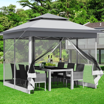 3.3 × 3.3 m One-Touch Pop-Up Canopy Tent with Extended Eaves, Mesh Panels, Waterproof Sealed Seams, Wheeled Carry Bag & Sandbags – Khaki & Brown