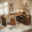70.8-Inch Executive Desk with File Cabinet, L-Shaped Computer Table with Storage Shelves, Light Walnut (Chairs not Included)