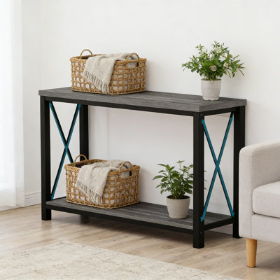 Industrial Console Table With 2 Shelves, Sofa Table Behind Couch, Entryway Table For Living Room, Hallway, And Foyer, Sturdy Wood And Metal Design