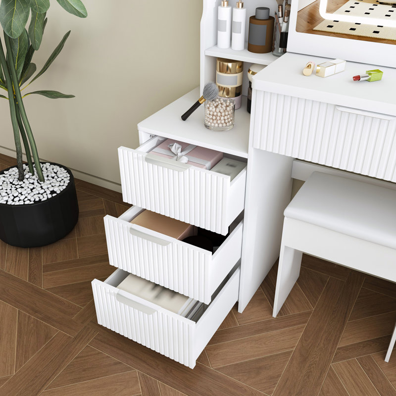 Bureau de coiffeuse à miroir à DEL avec support pour sèche-cheveux, prise de courant et fauteuil, White