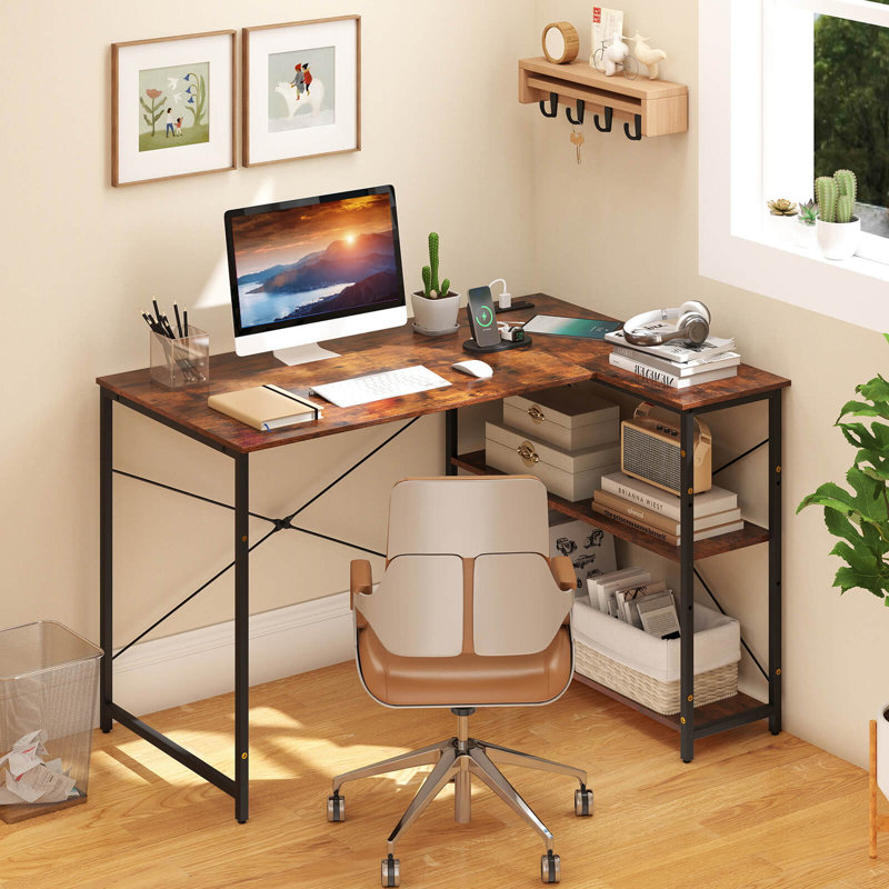 Bureau d'ordinateur en forme de L avec prises de courant Tablette réglable Structure en métal robuste, Brun / noir