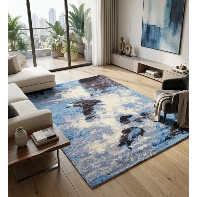 Premium Quality Abstract Hand Knotted Silk Multicolor Rectangle Indoor Area Rug, Rectangle 5' x 8'