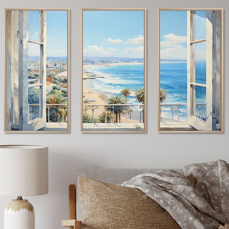 «Coastal Window View By The Beach I» - art mural côtier, Cadre flottant brun, H 32 po x l 48 po x P 1 po