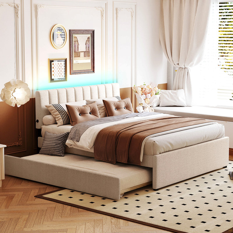 Lit plateforme tapissier grand avec lit gigogne simple Teddy, Beige, Twin