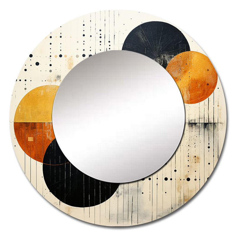 Grey Orange Mid Century Minimalist Oasis I - Minimalism Decorative Mirror, Gray Round Wall Mirror, Printed Metal Art