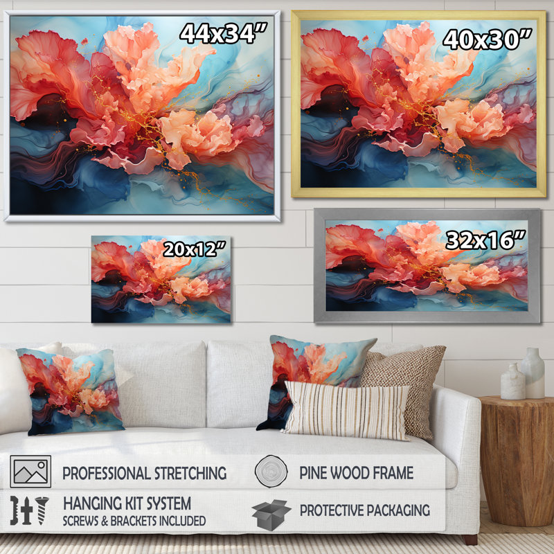 Tempête abstraite orange et bleue sur toile, Cadre simple noir, H 12 po x l 20 po x P 1 po