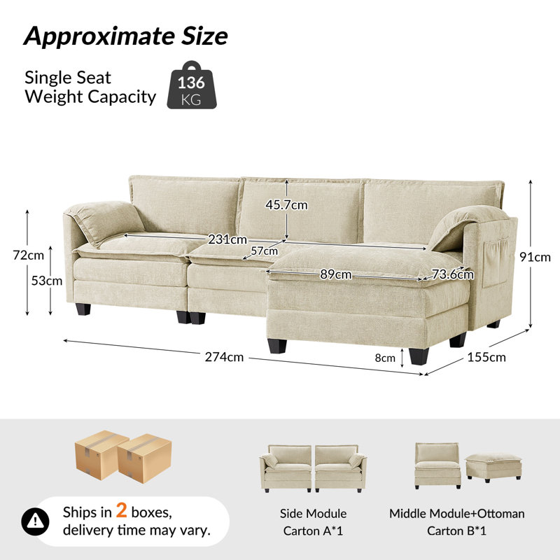 Esteban Modern 4 Seater Sofa with Elephant Ear-Shaped Armrests, Beige