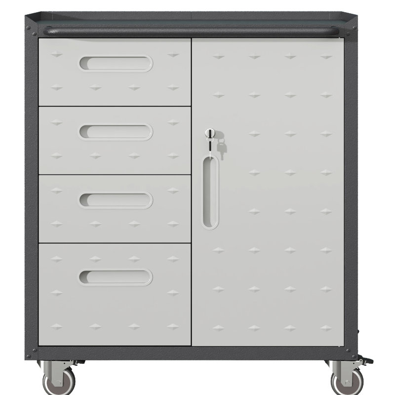 Armoire en métal avec roulettes pour le garage, le bureau et la maison. Plateau surélevé, 4 tiroirs, rangement verrouillable. Solide. Outil de rangement noir / gris. 360 roues, dessus. Tablettes latérales réglables.