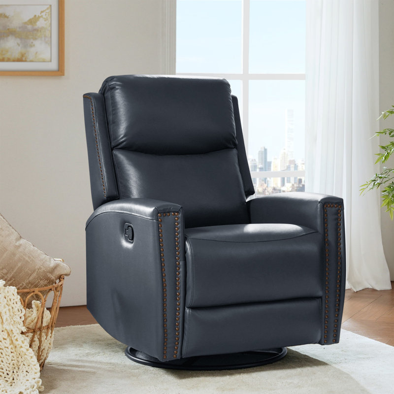 Chikako Genuine Leather Swivel Rocker Manual Recliner, Navy Genuine Leather