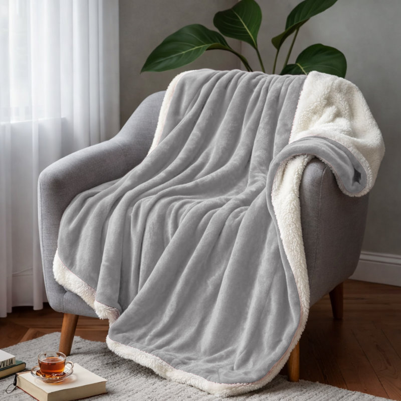 Couverture réversible en fausse fourrure et sherpa Cozy, L 60 po x l 50 po, Argent