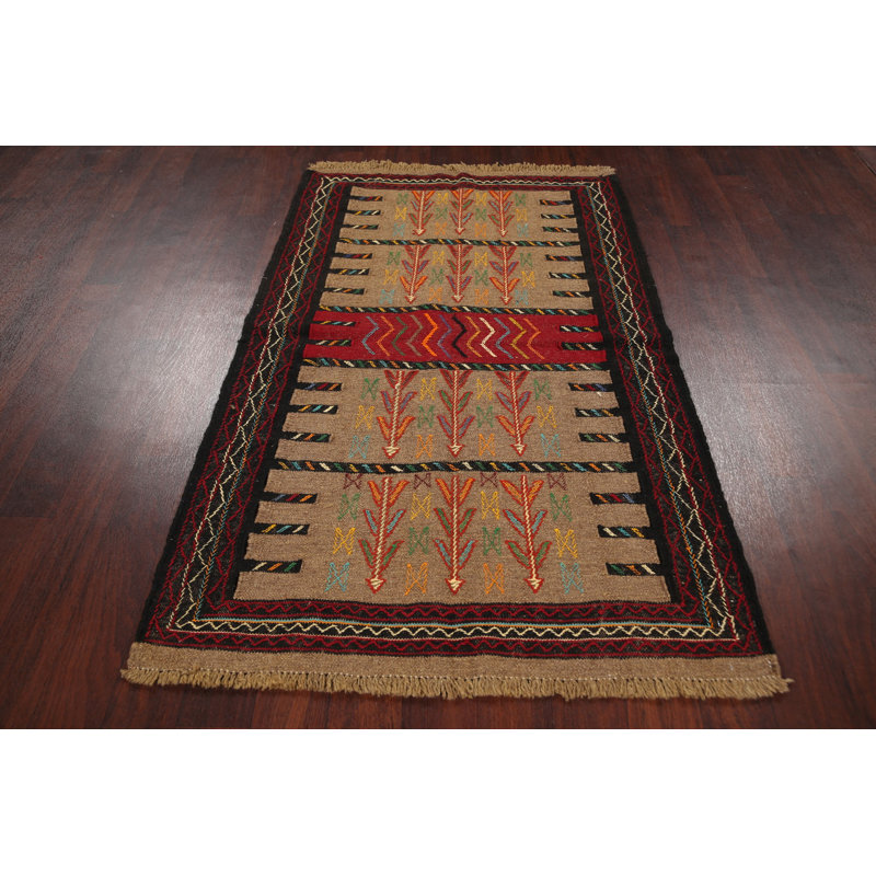 Tapis unique en laine noué à la main rouge / brun / noir nouvel âge 3 pi 8 po x 5 pi 9 po