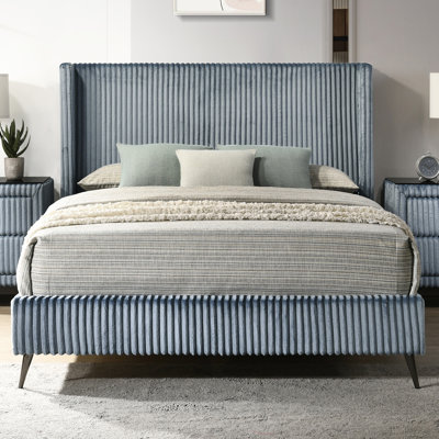 Grand lit, revêtement en velours côtelé large bleu attrayant, tête de lit à oreilles élégante, lit contemporain à 4 lattes en bois avec tête de lit