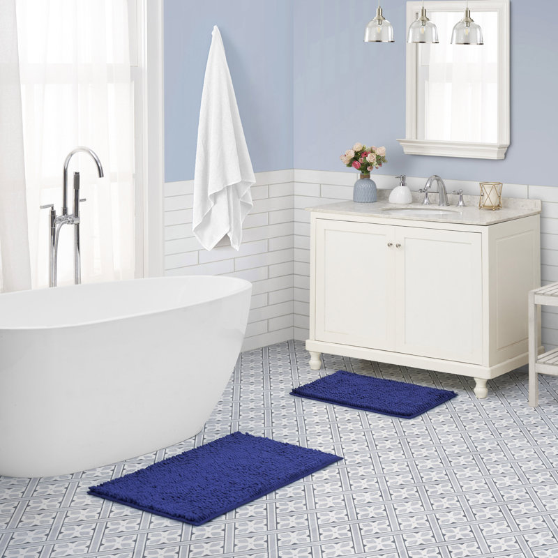 Navy Chenille Non-Slip Plush Bath Rug Set